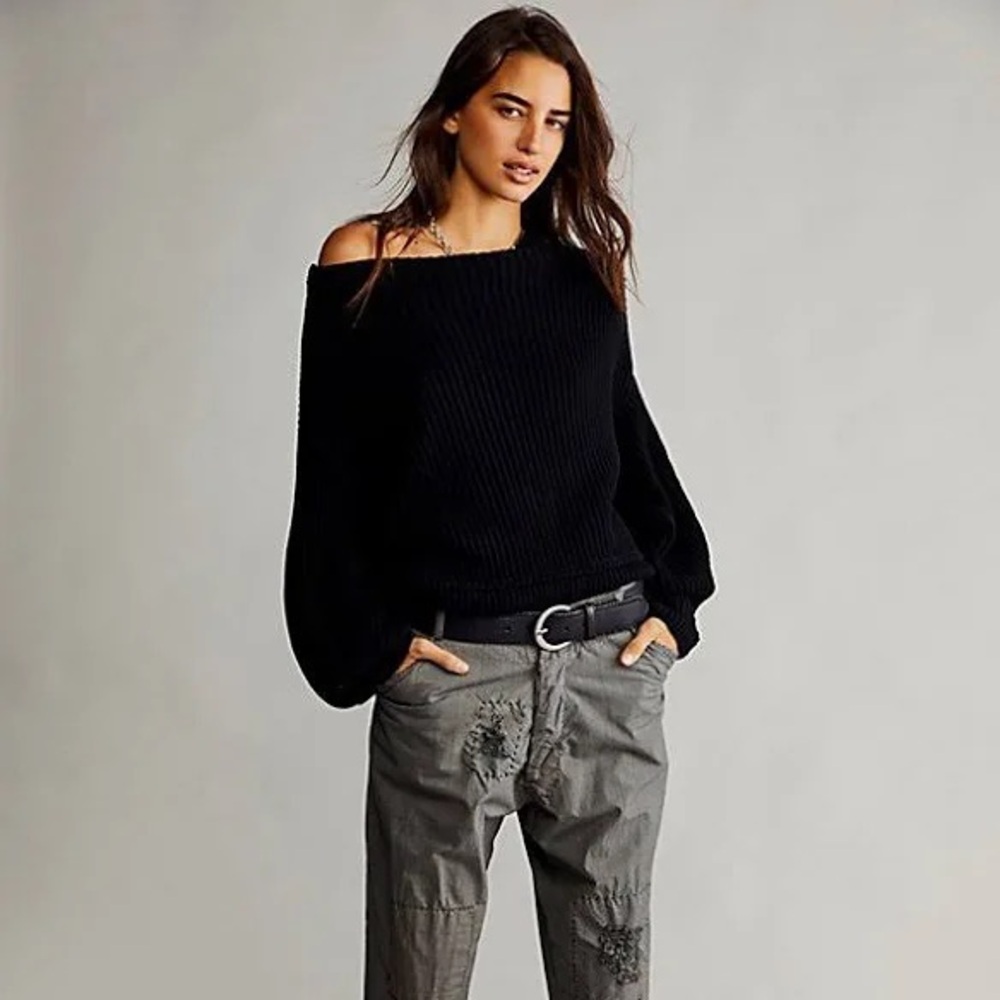 Free People Off-Shoulder Black Ribbed Sweater
